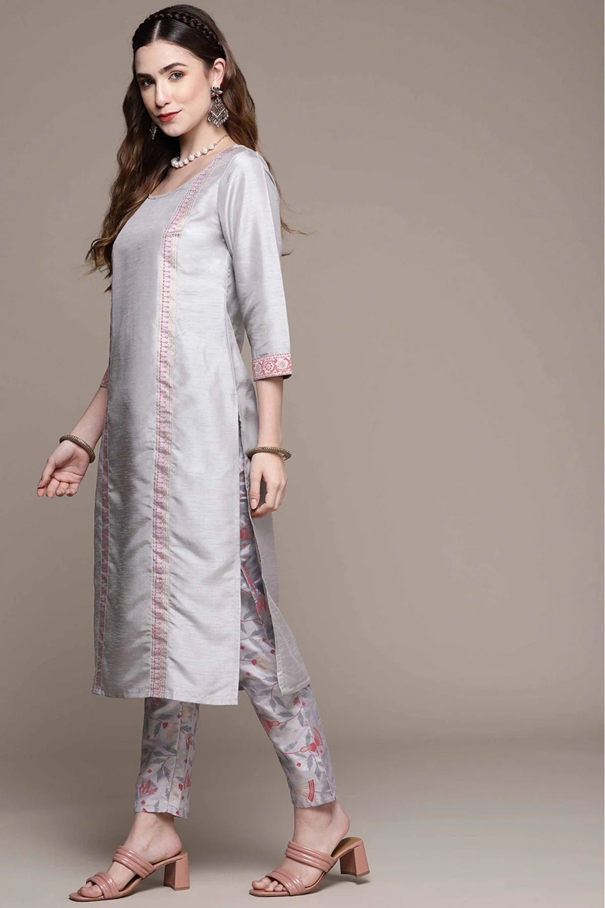 Grey Poly Silk Foil Print Kurta With Pant NCKR10610159