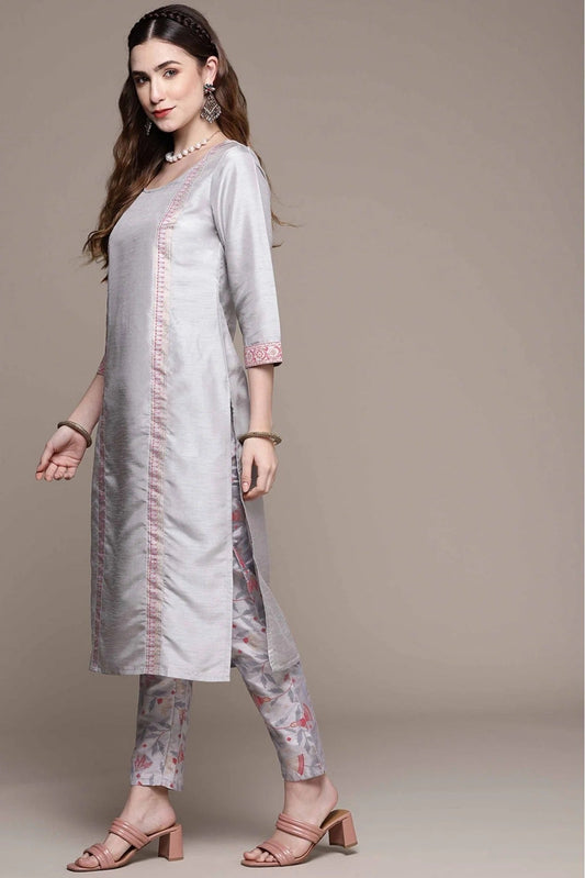 Grey Poly Silk Foil Print Kurta With Pant NCKR10610159