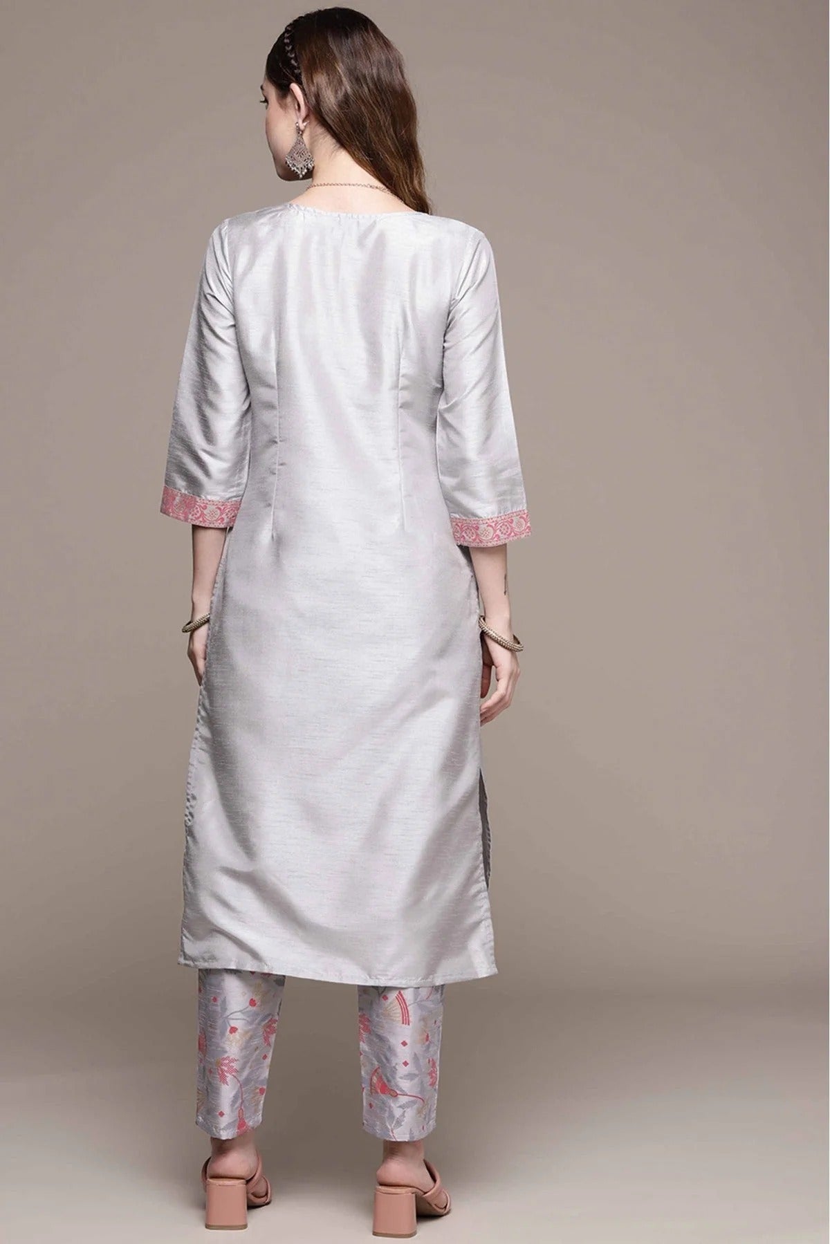 Grey Poly Silk Foil Print Kurta With Pant NCKR10610159