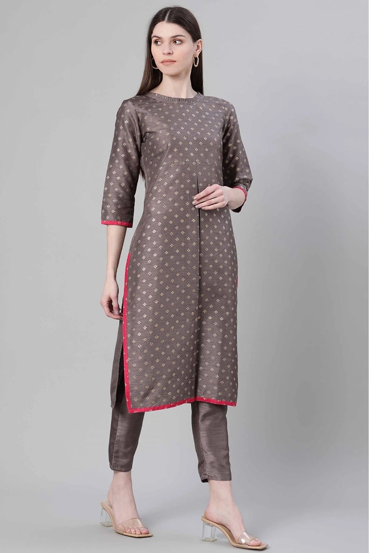 Grey Poly Silk Foil Print Kurti NCKR10610206