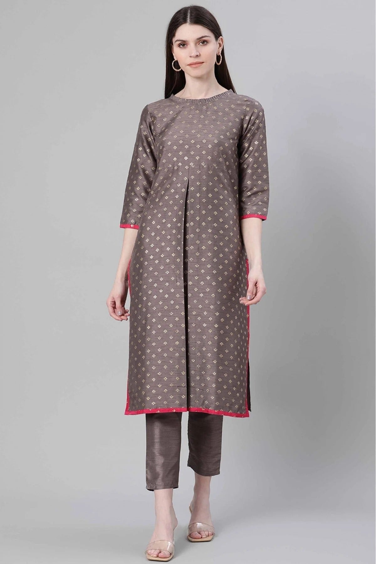Grey Poly Silk Foil Print Kurti NCKR10610206