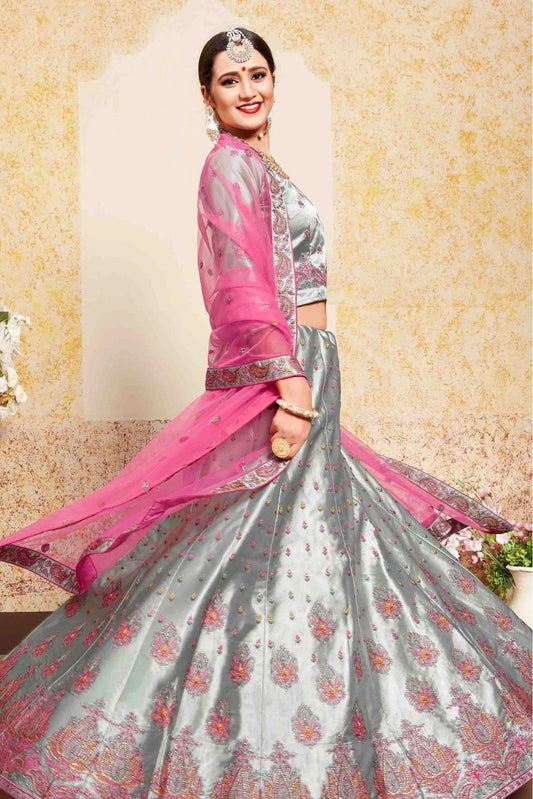 Grey Satin Embroidery Lehenga Choli NCLC10810526