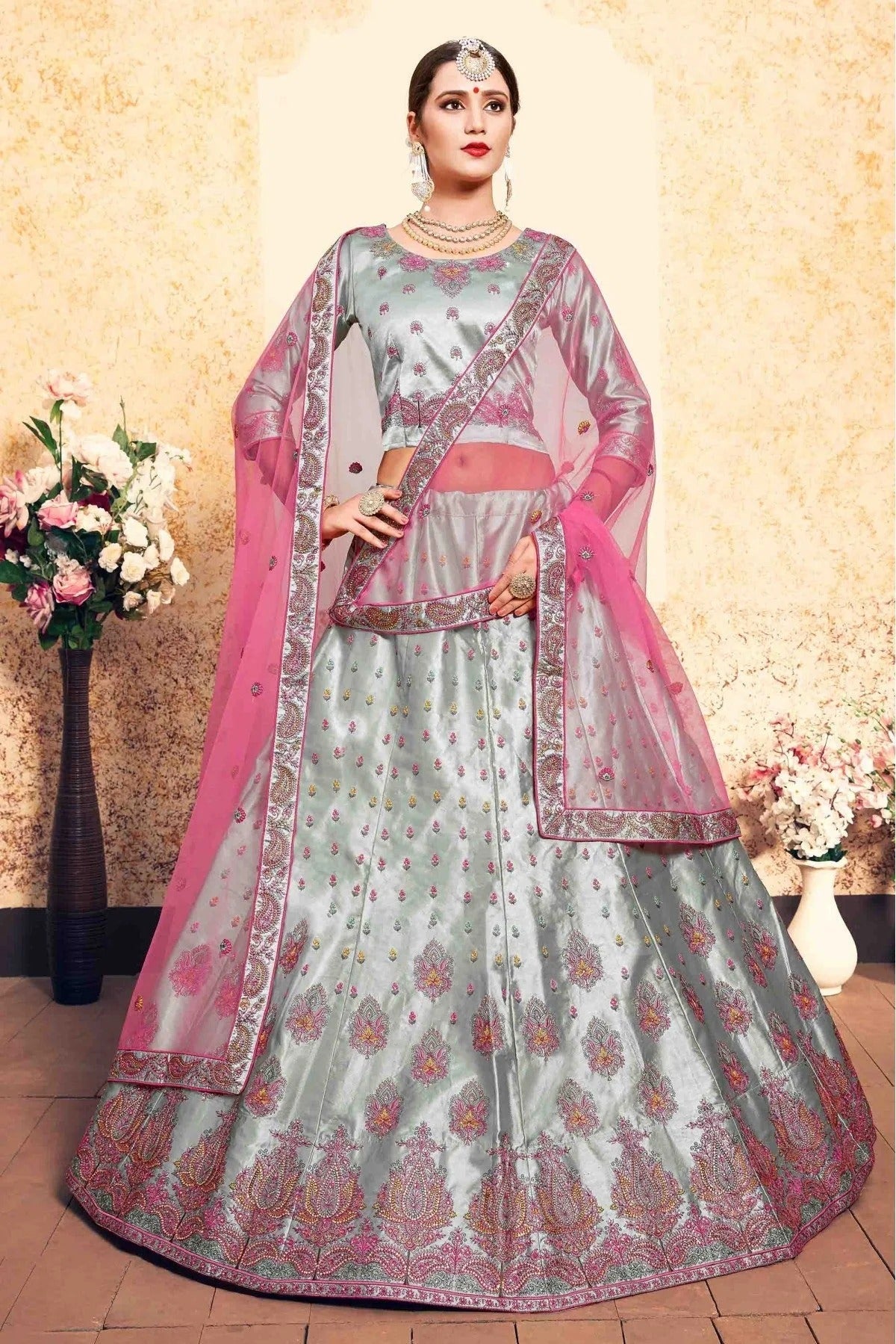 Grey Satin Embroidery Lehenga Choli NCLC10810526
