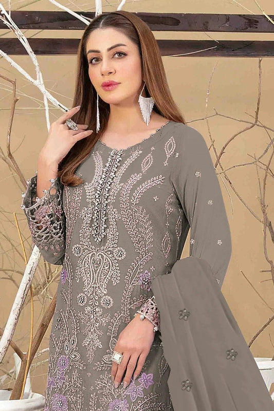 Grey Semi Stitched Faux Georgette Pakistani Suit NCSM11410459
