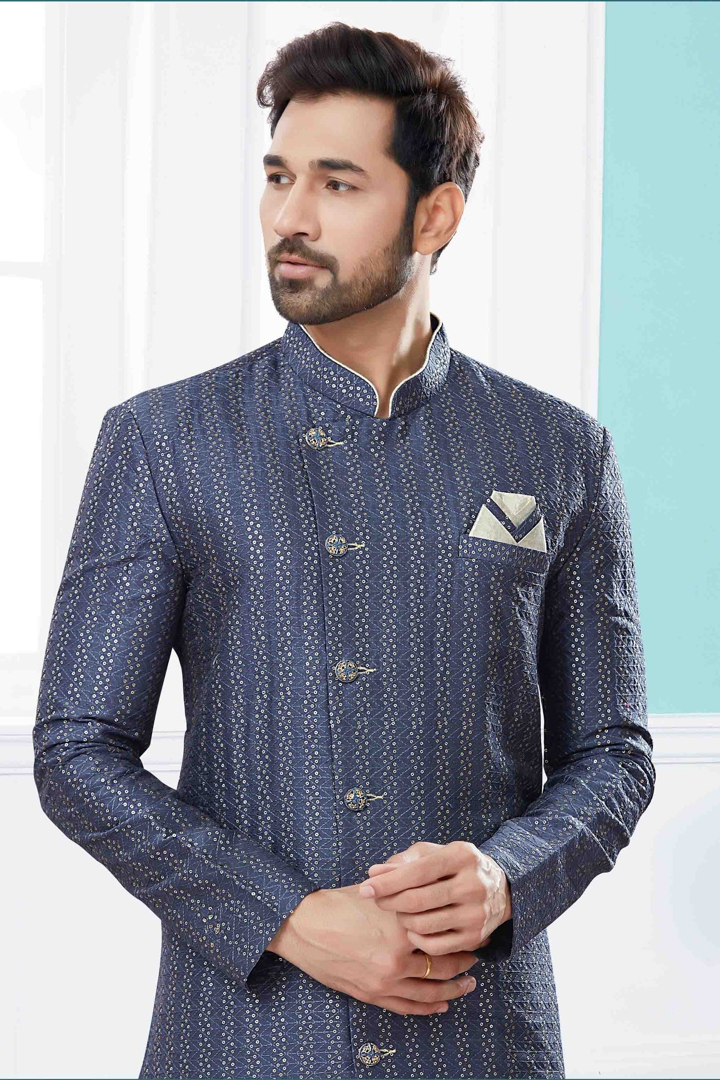 Grey SherwaniIn Jacquard NCSH10410515
