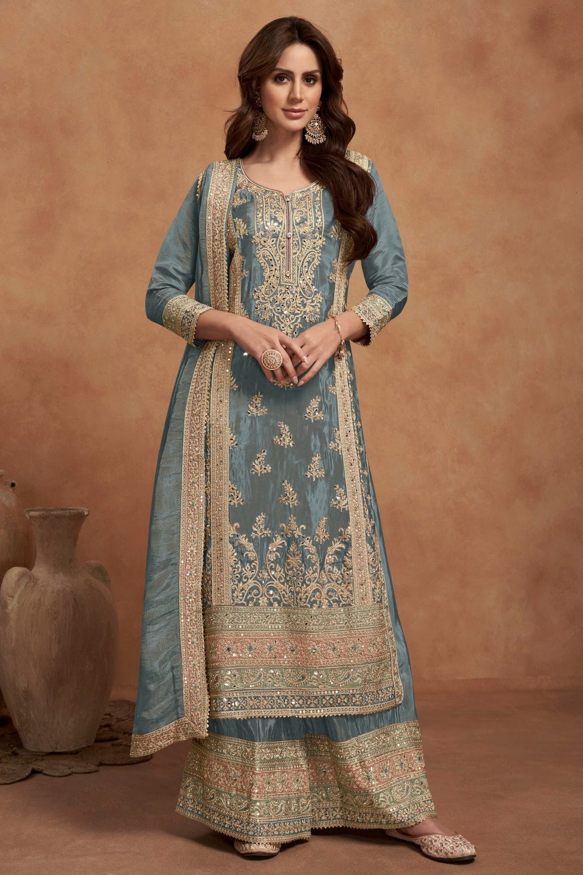 Grey Simar Silk Palazzo Pant Suit NCSM11410393