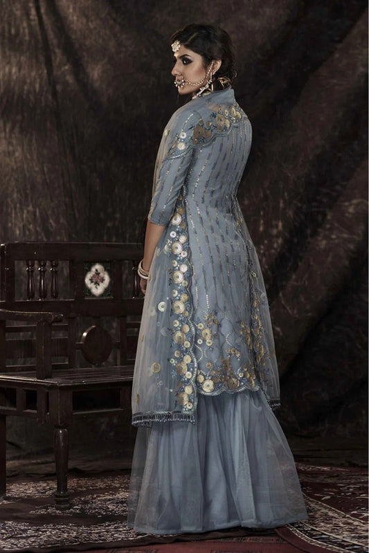 Grey Stitched Soft Net Sequins Sharara Suit NCSM10810373