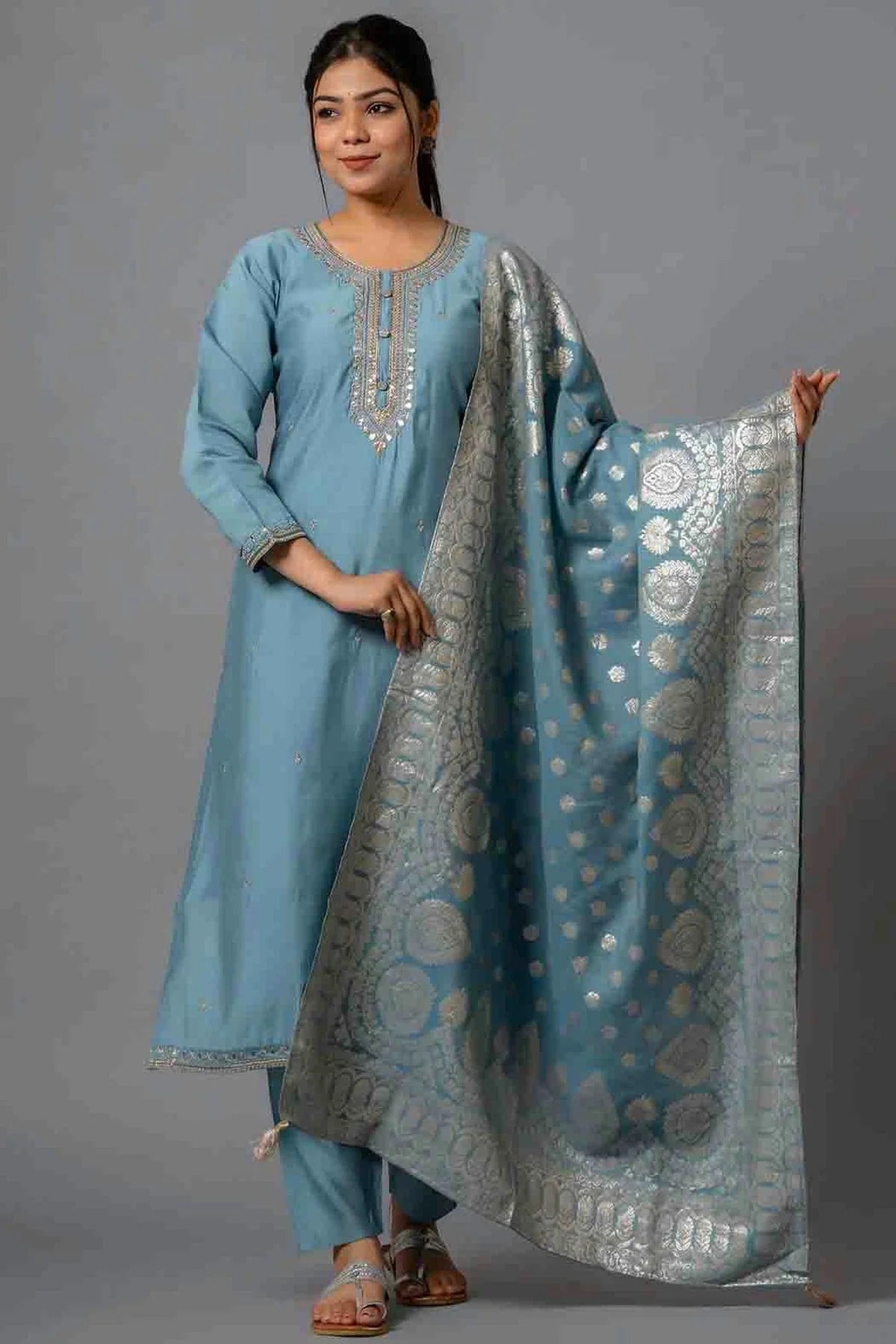Grey Viscose Chanderi Embroidery Pant Style Suit NCSS11110357