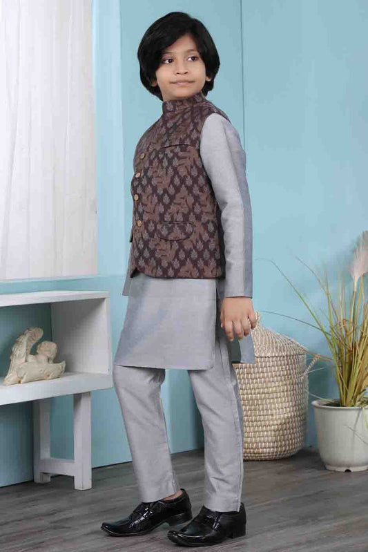 Grey and Brown Cotton Silk Kurta PajamaWith Jacket NCBW10710714