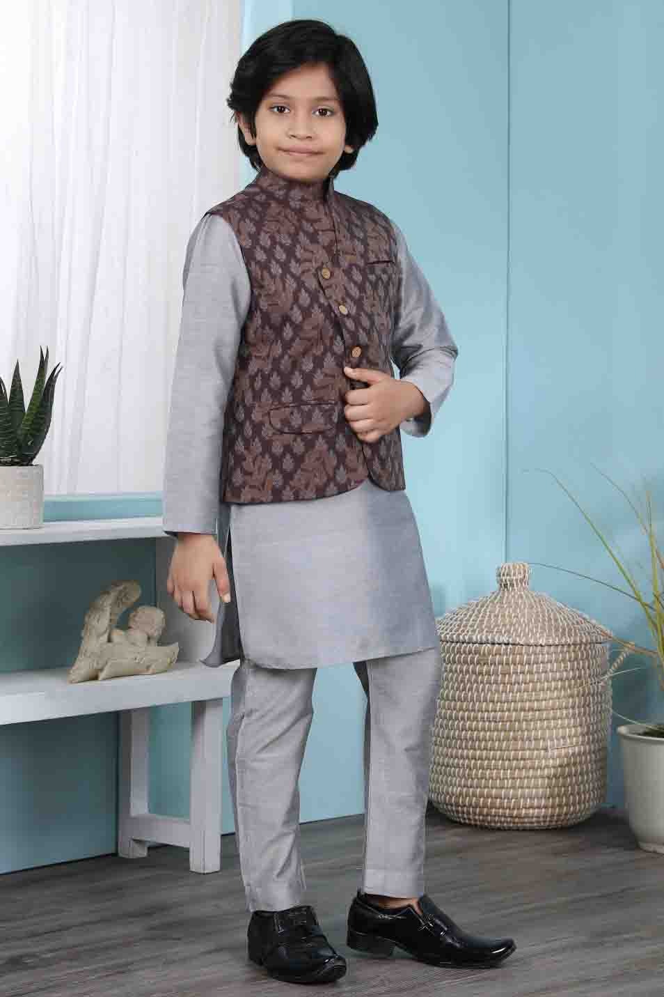 Grey and Brown Cotton Silk Kurta PajamaWith Jacket NCBW10710714