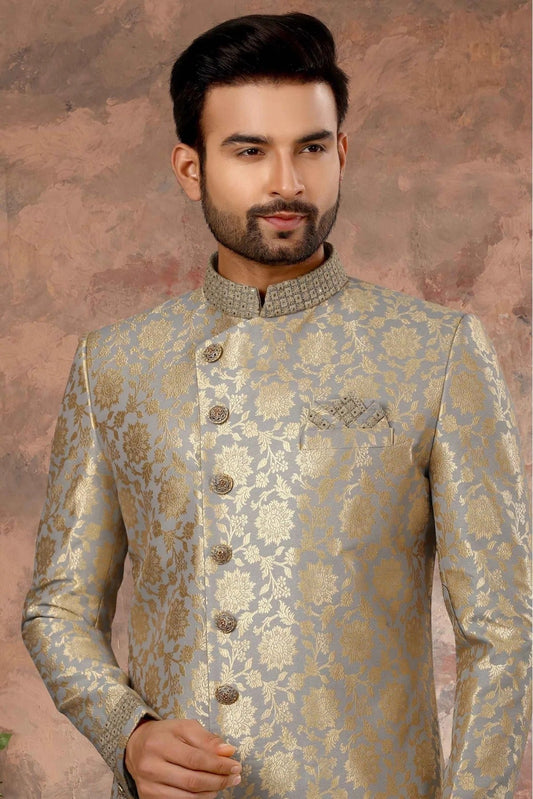 Grey and Gold Jacquard Woven Sherwani NCSH10410415