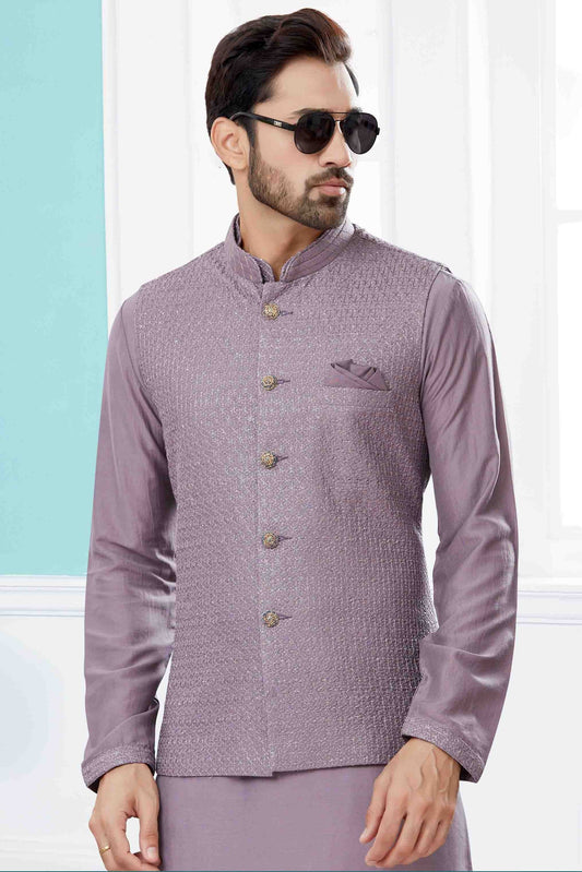 Lavender Kurta PajamaWith Jacket In Silk Dupion  NCKP10410745
