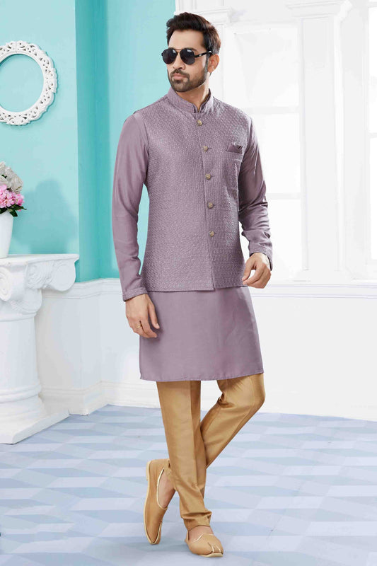 Lavender Kurta PajamaWith Jacket In Silk Dupion NCKP10410745