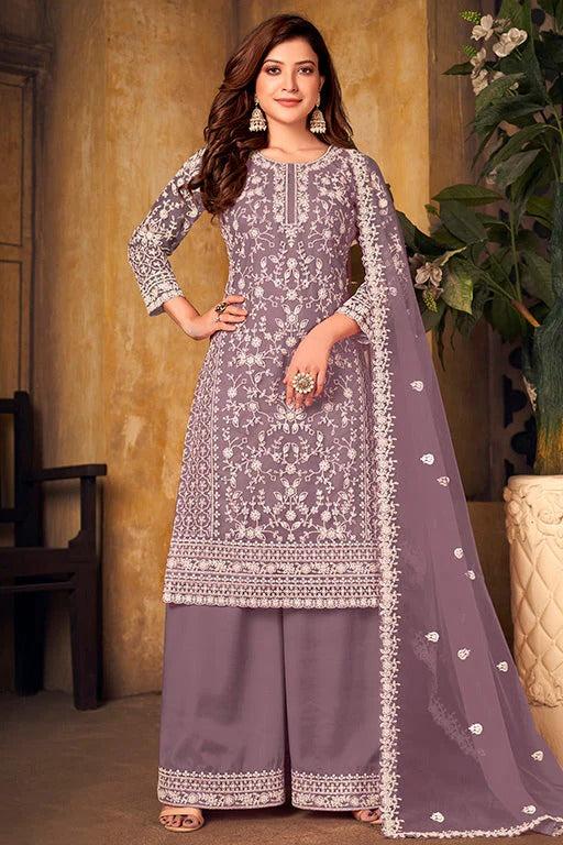 Lavender Net Semi Stitched Palazzo Pant Suit NCSM10510389