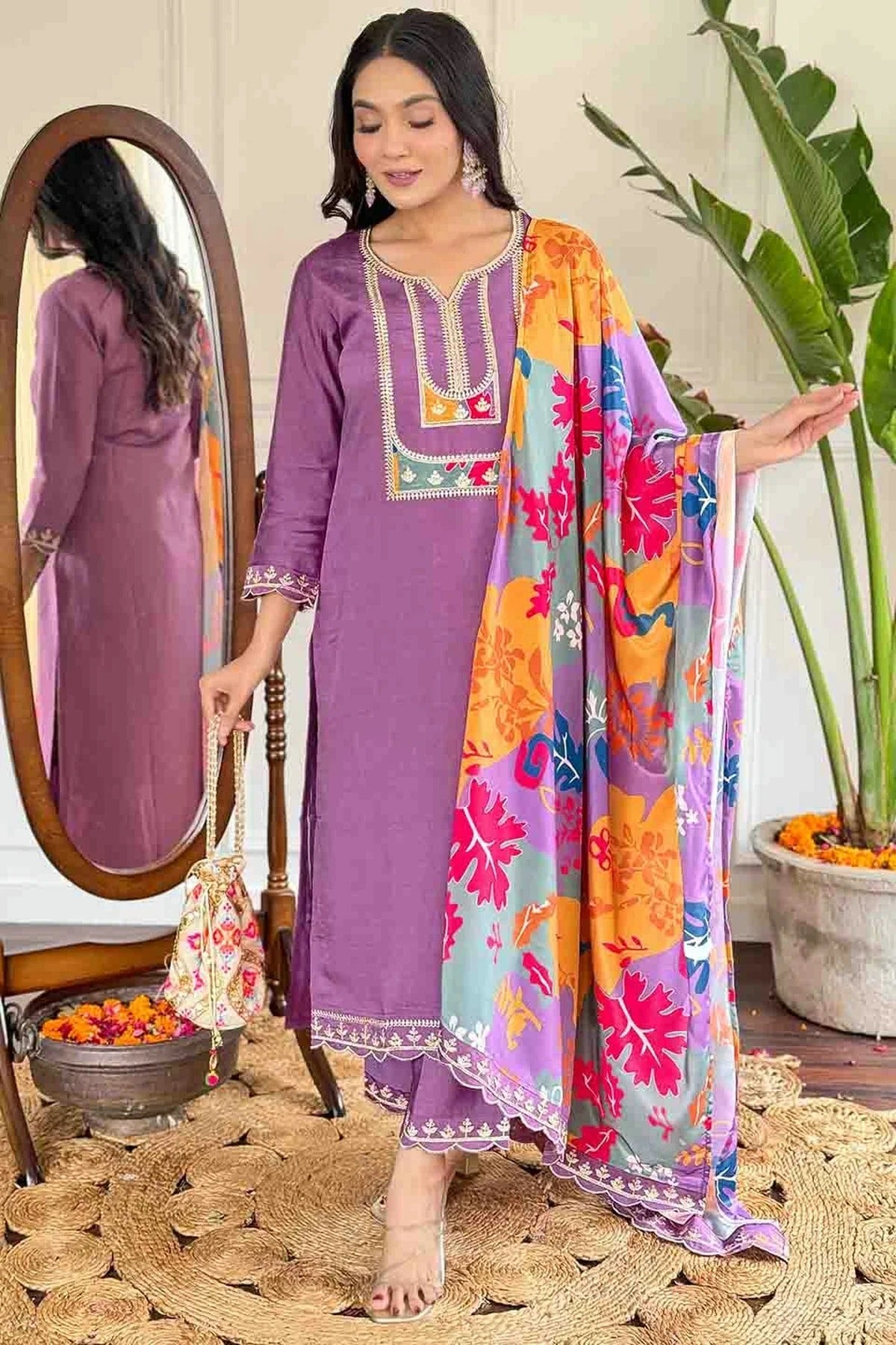 Lavender Viscose Slub Stitched Suit NCSS11110926