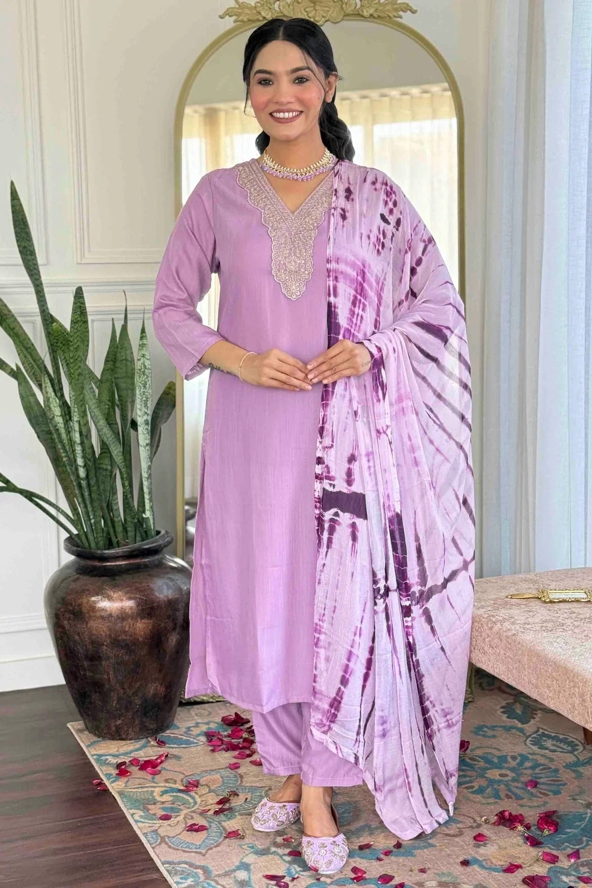 Lavender Viscose Slub Stitched Suit NCSS11110932