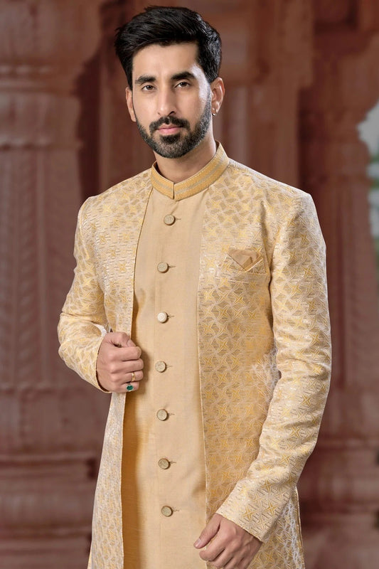 Lemon Yellow Jacquard and Silk Dhupion Sherwani NCSH10410231