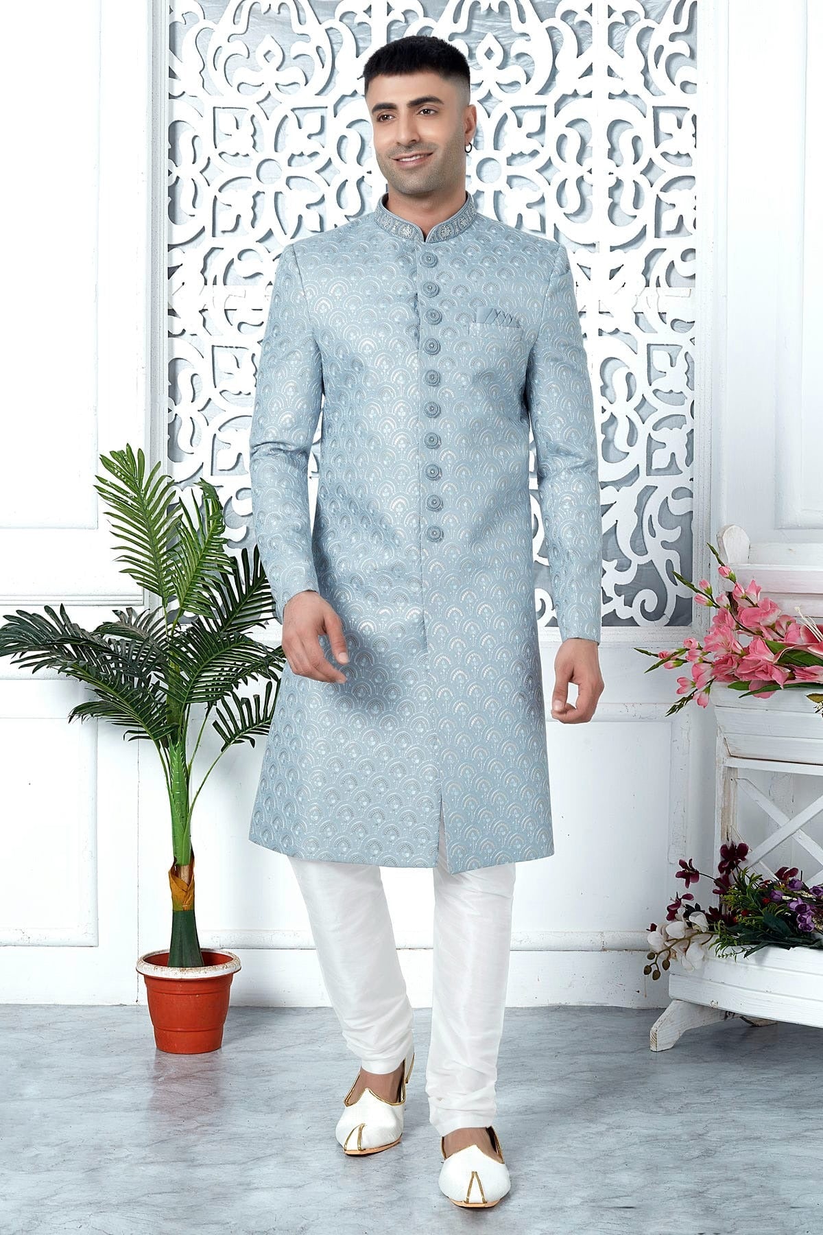 Light Blue Art Silk Sherwan With Churidar Pant NCSH12310314