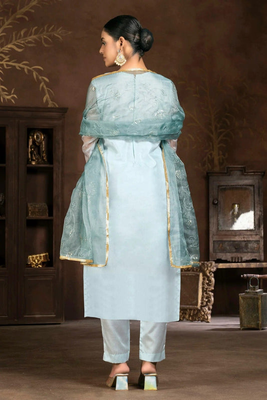 Light Blue Unstitched Organza Pant Style Suit NCUS11610405