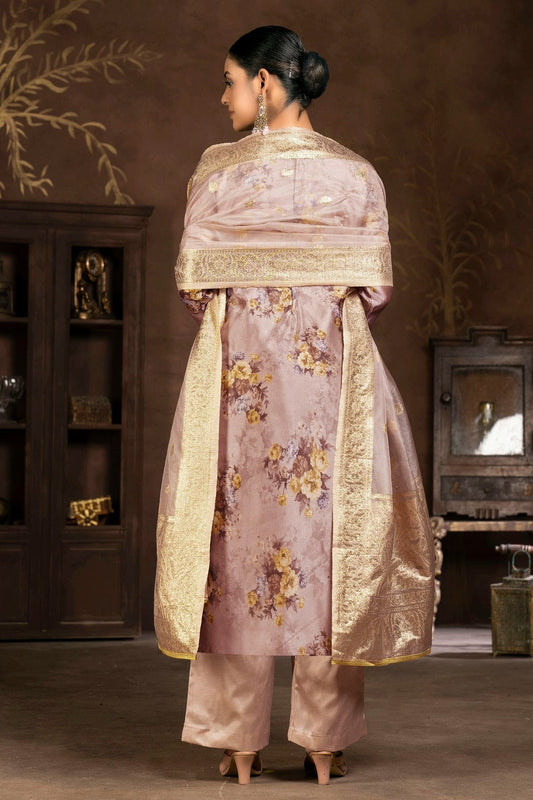 Light Brown Unstitched Organza Pant Style Suit NCUS11610173