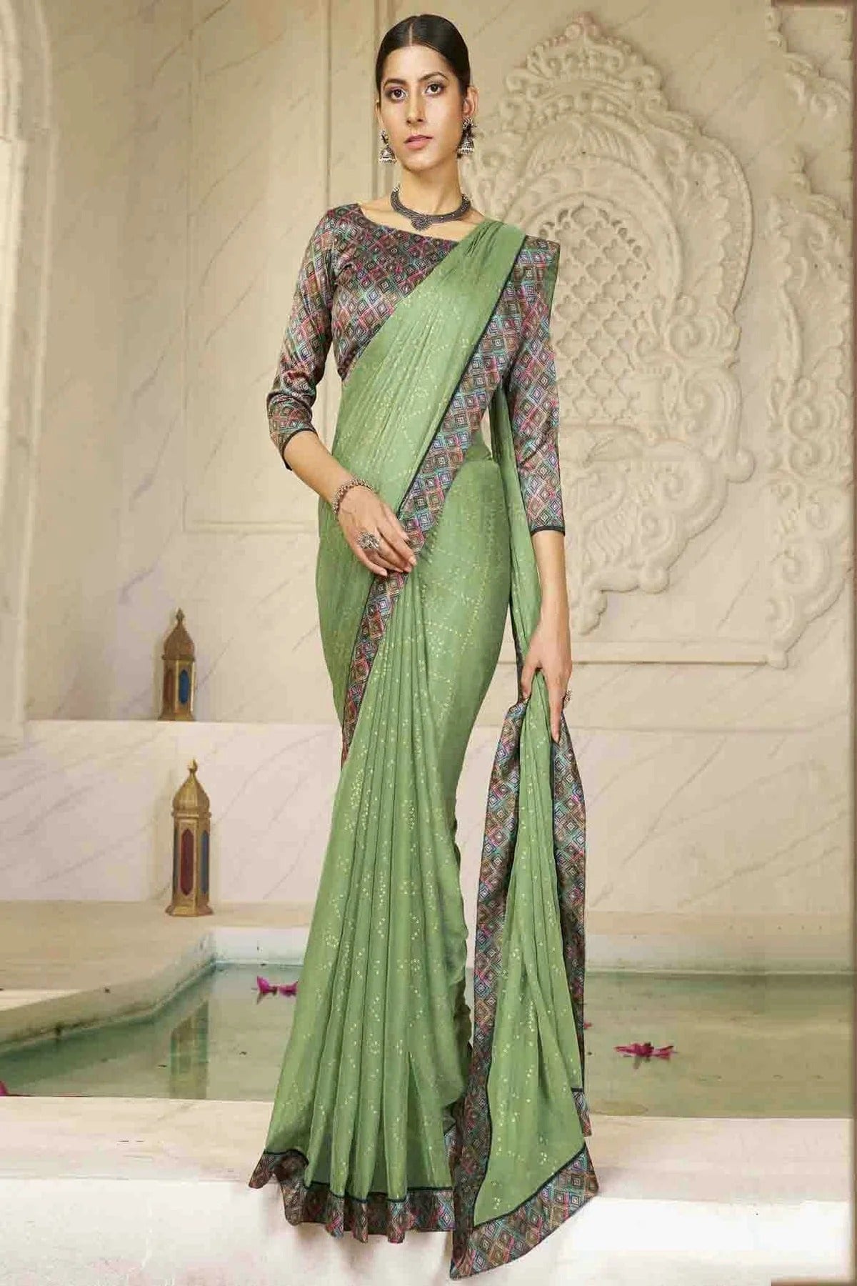Light Green Chiffon Digital Foil Printed Designer Saree NCSD11110394