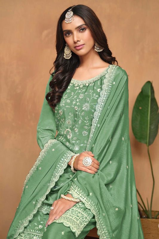 Light Green Chinon Palazzo Pant Suit NCSM10510204