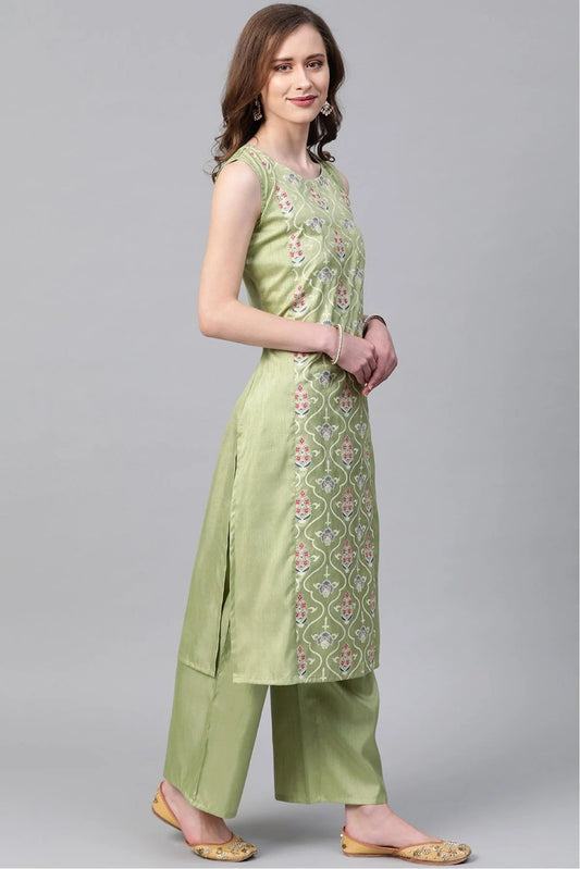 Light Green Plus Size Poly Silk Straight Kurta Palazzo Set NCKR10610107