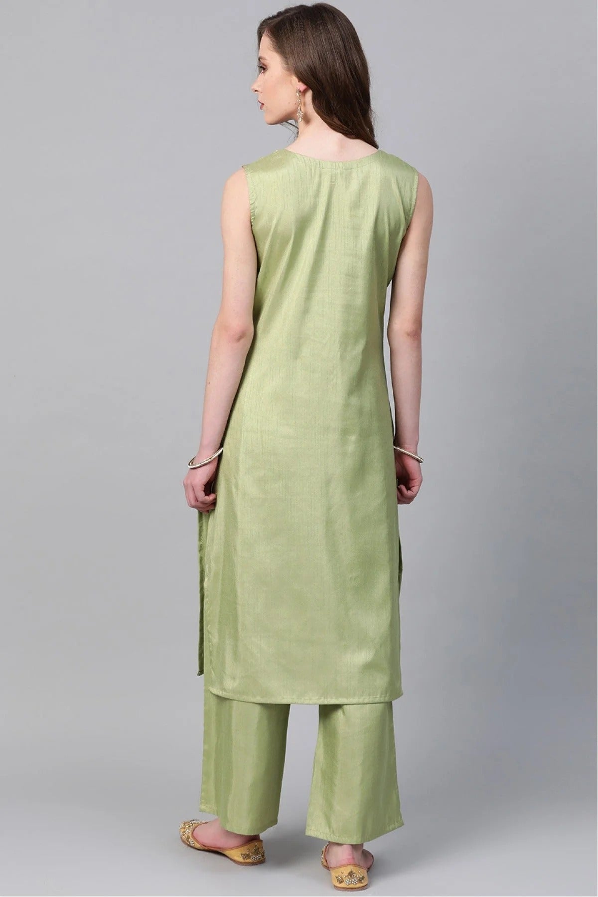 Light Green Plus Size Poly Silk Straight Kurta Palazzo Set NCKR10610107