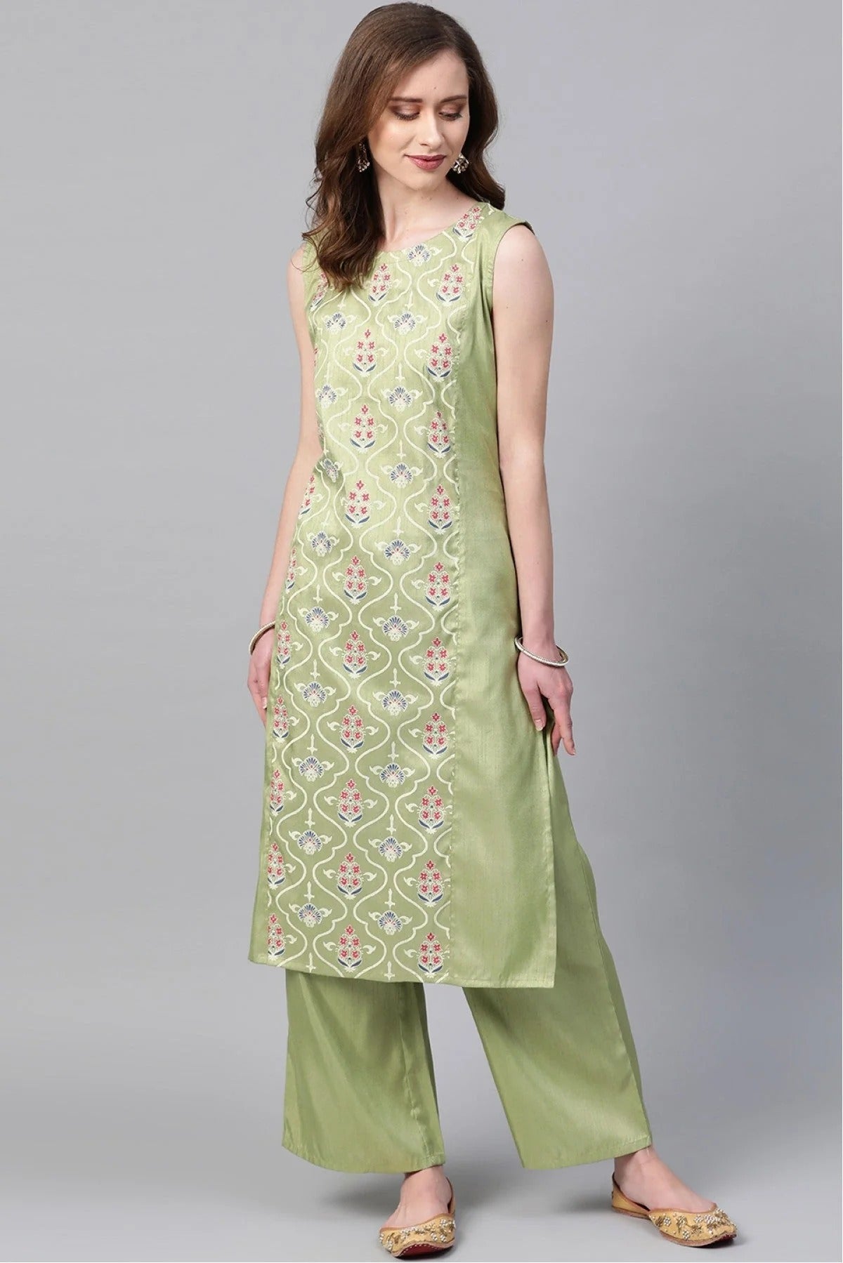 Light Green Plus Size Poly Silk Straight Kurta Palazzo Set NCKR10610107