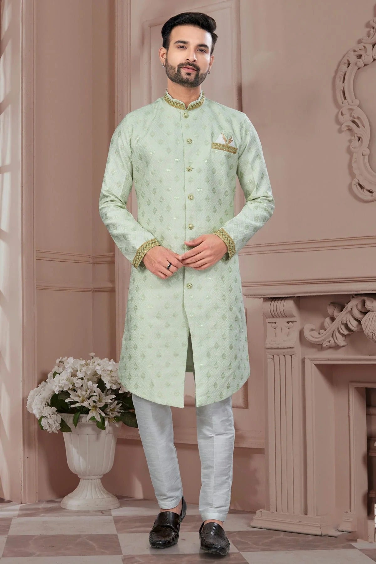 Light Green Silk Dupion Sherwani NCSH10410200