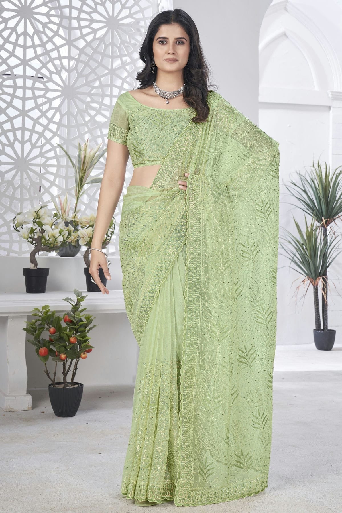 Light Green Tissue Net Designer Saree NCSD11111213