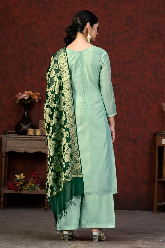Light Green Unstitched Banarasi Jacquard Palazoo Pant Suit NCUS11610101