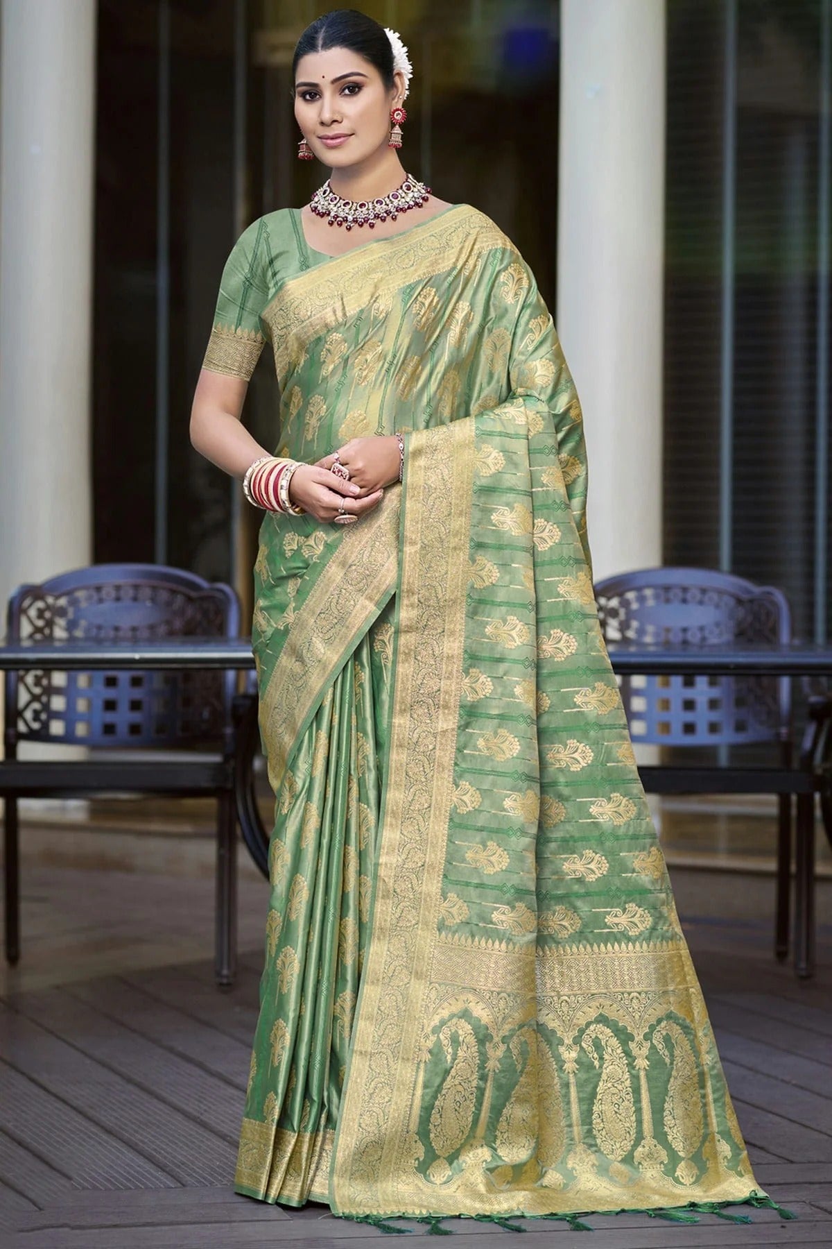 Light Green Woven Satin Silk Traditional Saree NCSD11010203