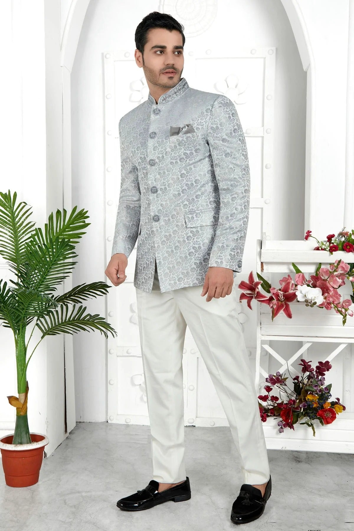 Light Grey Jacquard Silk Jodhpuri Jacket NCJP12310271