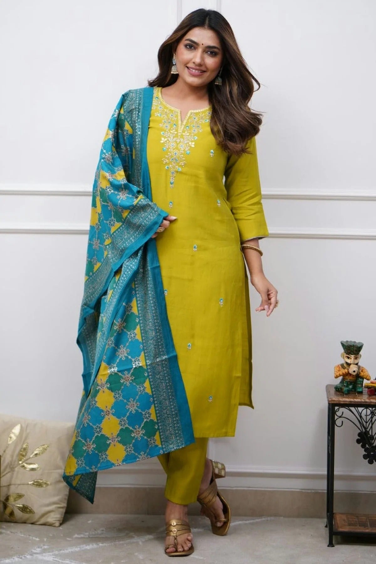 Lime Yellow Embroidery Chanderi Viscose Stitched Suit NCSS11111277