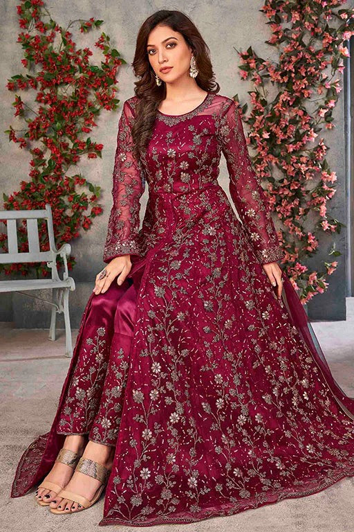 Magenta Net Semi Stitched Pant Style Suit NCSM10510386