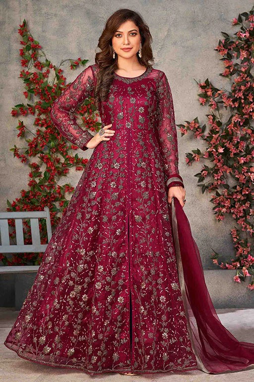 Magenta Net Semi Stitched Pant Style Suit NCSM10510386