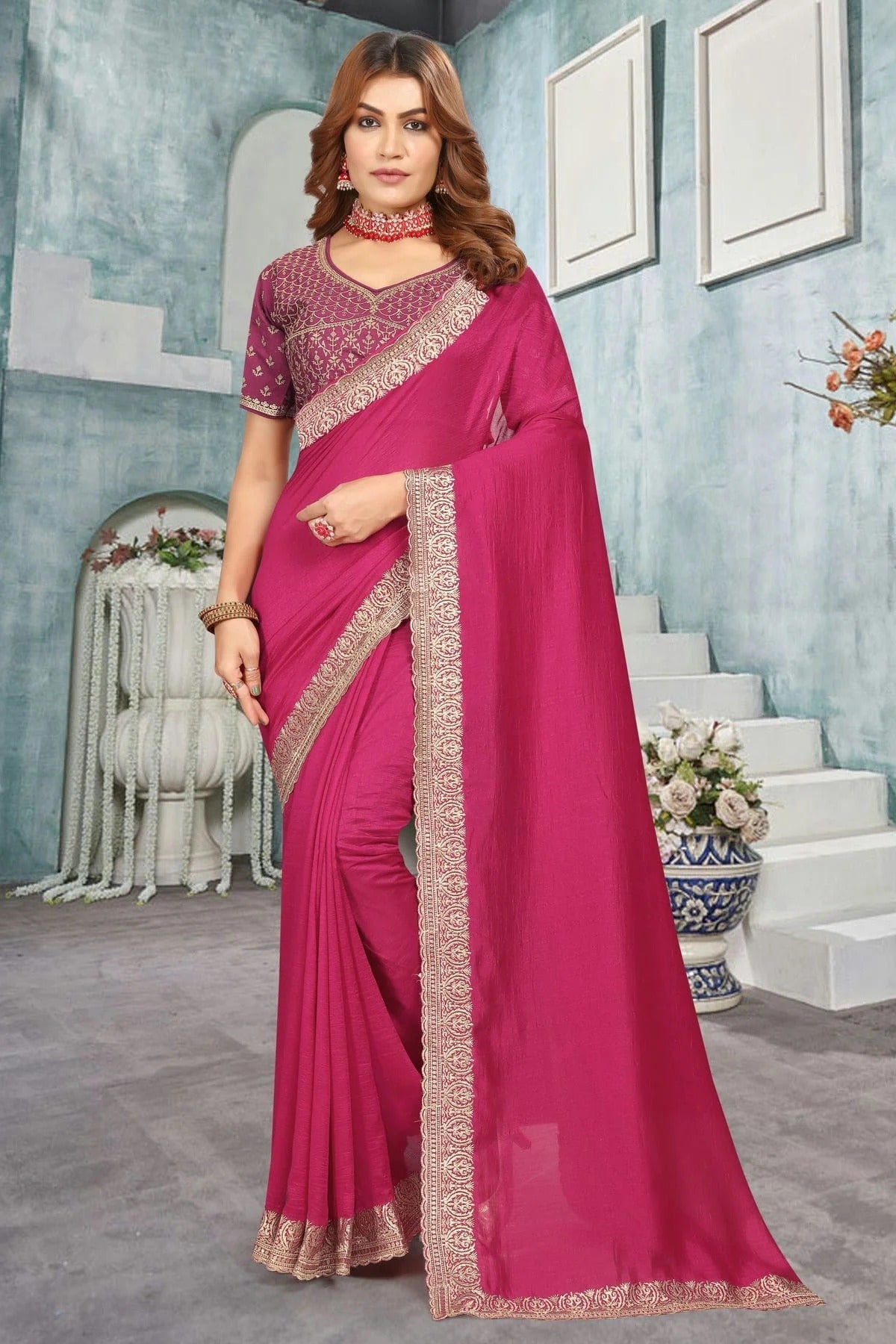 Magenta Vichitra Bloming Designer Saree NCSD10910123