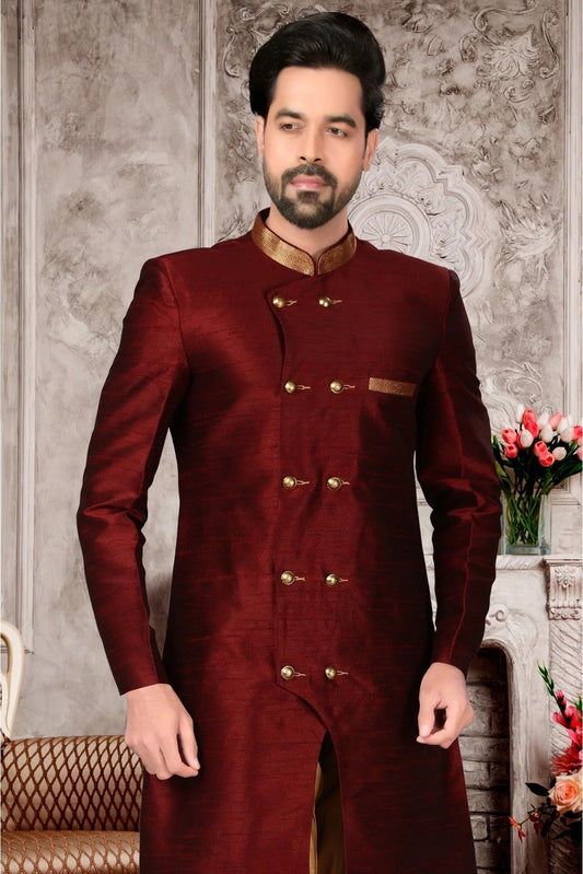 Maroon Brocade Silk Dhoti Sherwani NCSH10410392