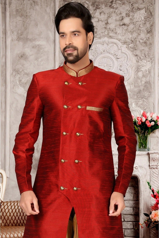 Maroon Brocade Silk Dhoti Sherwani NCSH10410396