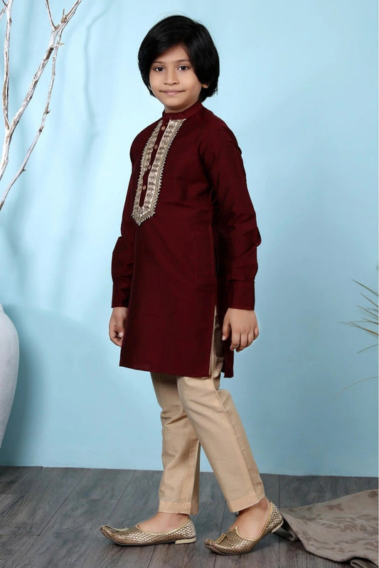 Maroon Cotton Silk Kurta Pajama NCBW10710668