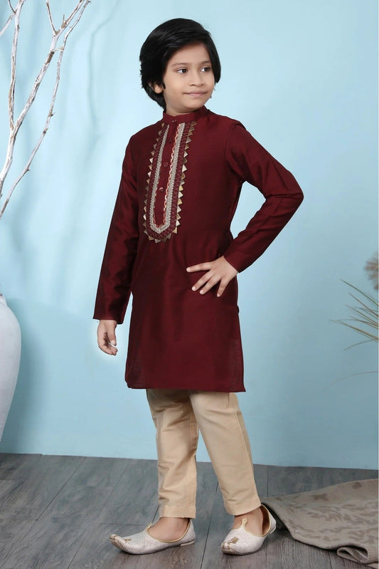 Maroon Cotton Silk Kurta Pajama NCBW10710674