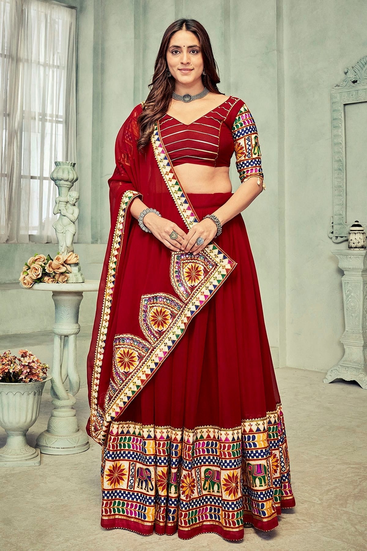 Maroon Embroidery Georgette Navratri Lehenga NCLD11710178