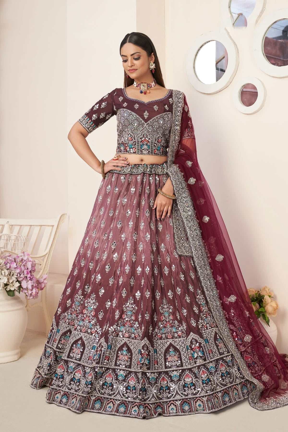 Maroon Embroidery Satin Lehenga Choli NCLD10810212