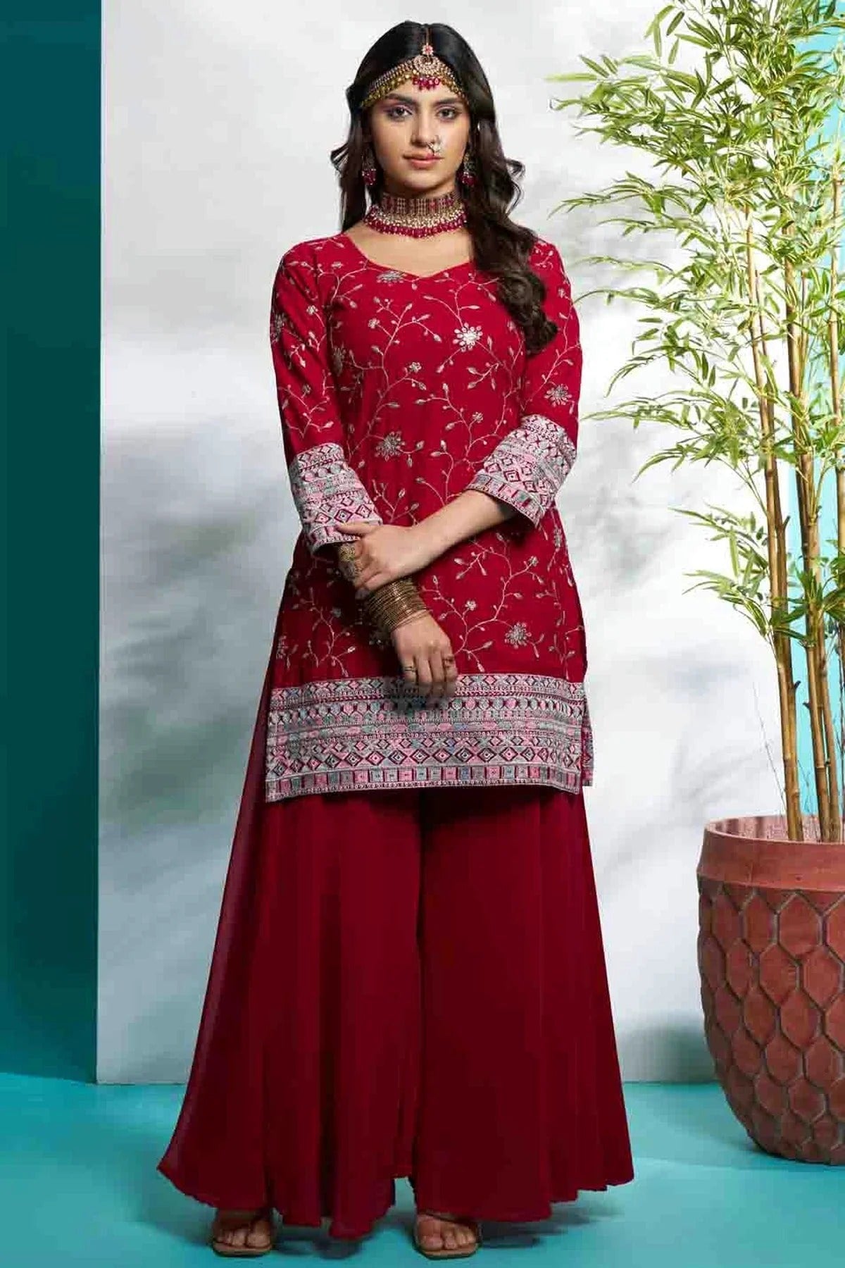 Maroon Faux Georgette Stitched Suit NCSS11110921