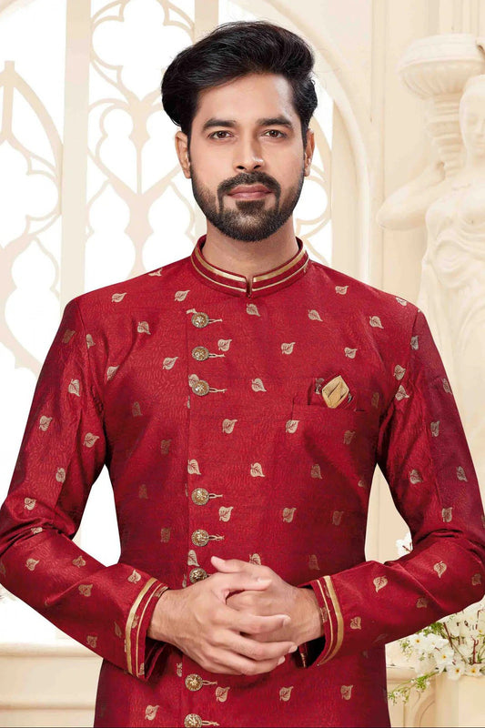Maroon Jacquard Dhoti Sherwani NCSH10410350