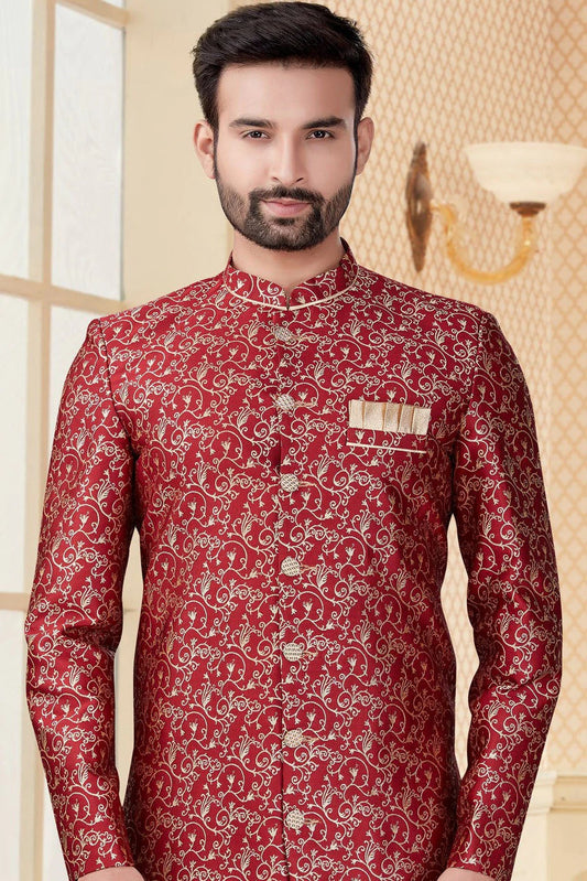 Maroon Jacquard Sherwani NCSH10410357