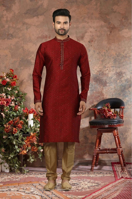 Maroon Kurta Pajama In Jacquard NCKP10410677