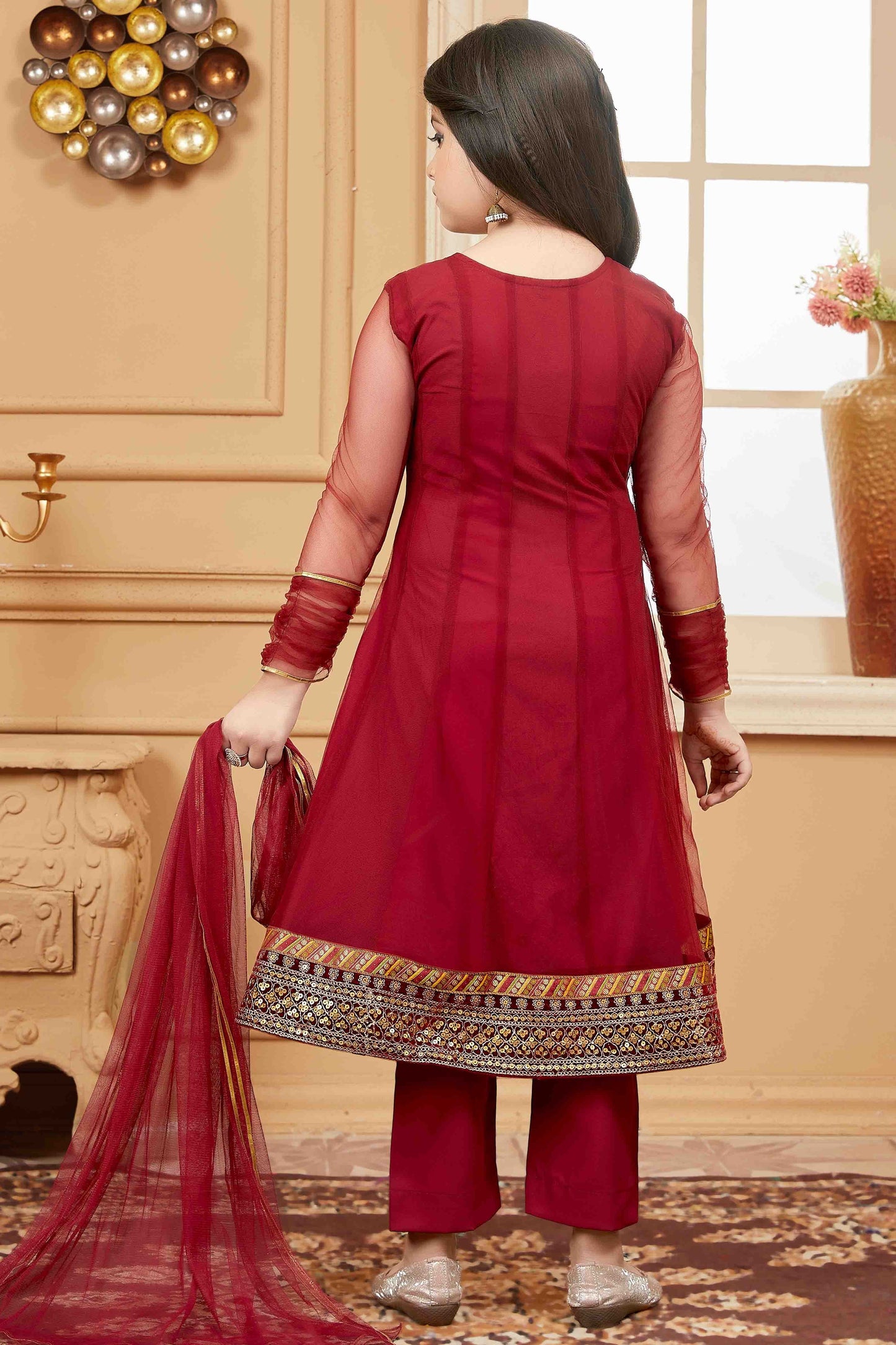 Maroon Net Pant Style Suit NCGW10710808