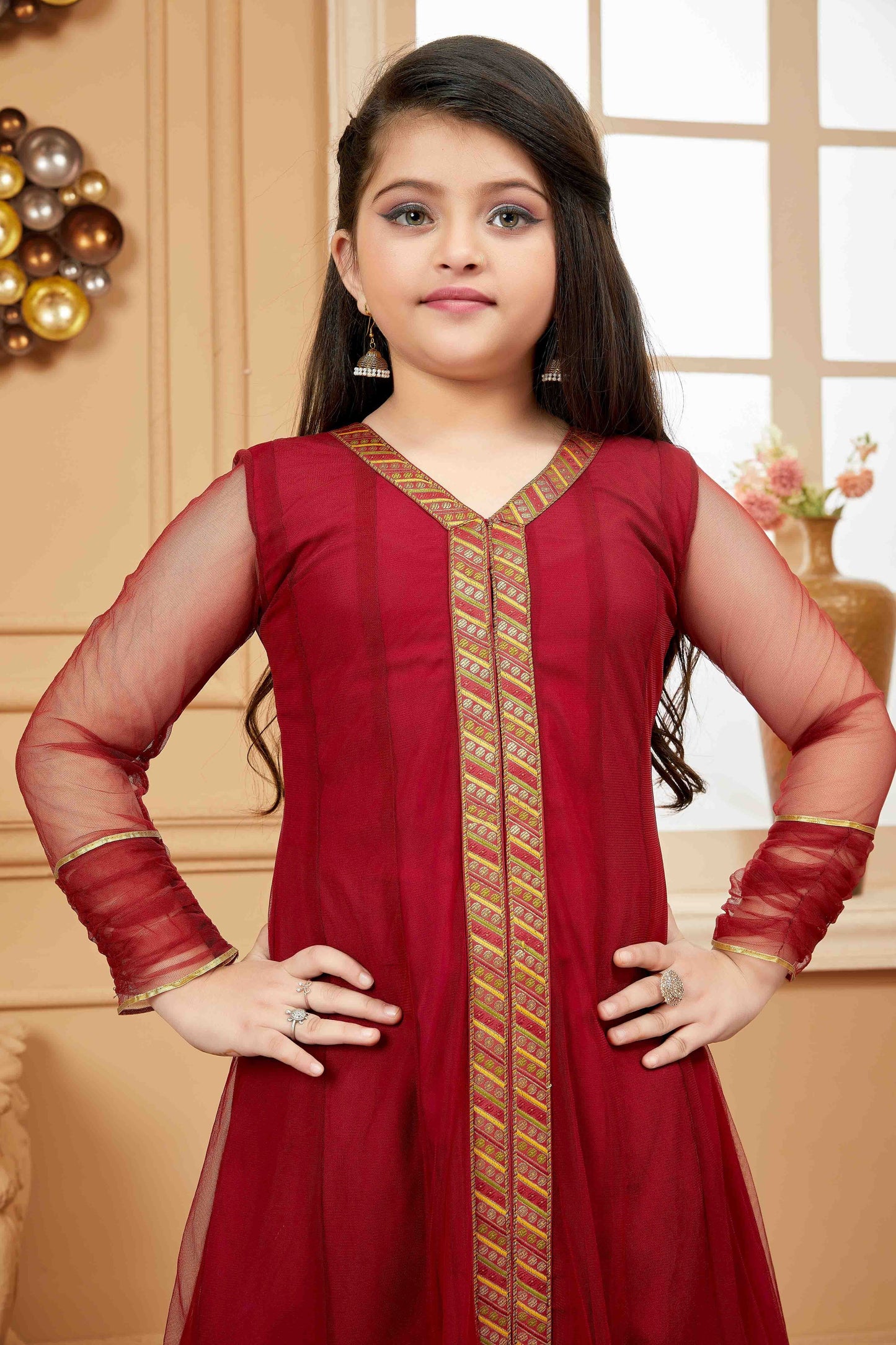 Maroon Net Pant Style Suit NCGW10710808